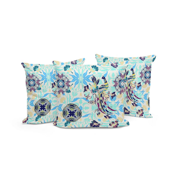 HomeRoots Set of Three Stylish Blue and White Peacock Throw Pillows for Indoor and Outdoor Elegance 535993