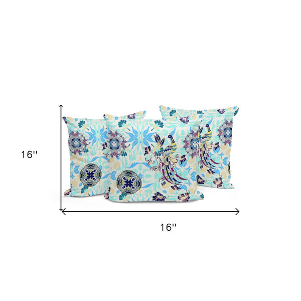 HomeRoots Set of Three Stylish Blue and White Peacock Throw Pillows for Indoor and Outdoor Elegance 535993