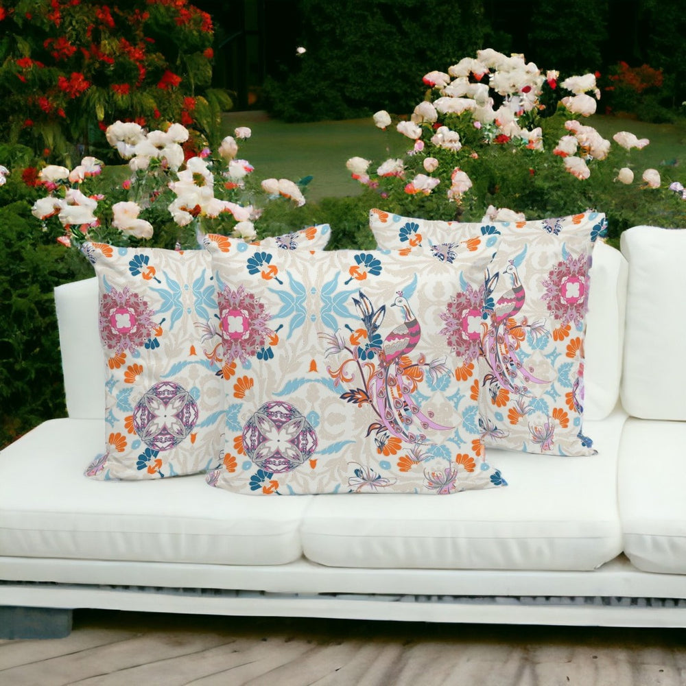 HomeRoots Set of Three Peacock Throw Pillows - 16" Blue & Off-White Indoor/Outdoor Accents for Stylish Decor 535994