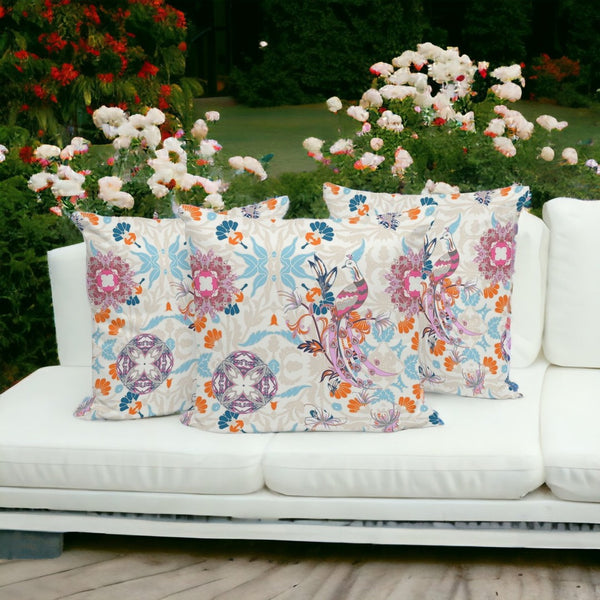 HomeRoots Set of Three Peacock Throw Pillows - 16" Blue & Off-White Indoor/Outdoor Accents for Stylish Decor 535994