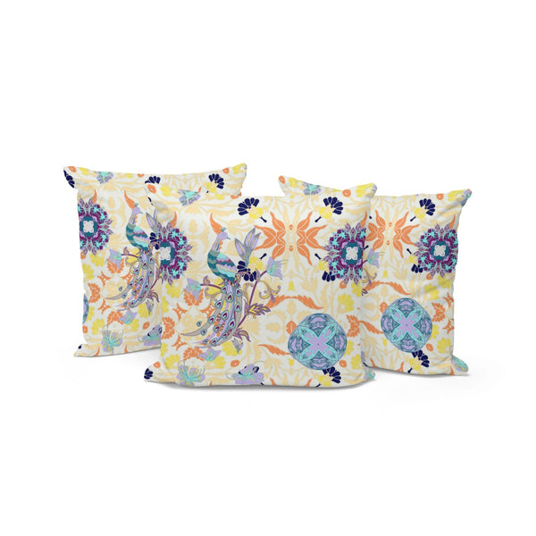 HomeRoots Set of Three 16" Orange and White Peacock Pattern Throw Pillows for Indoor & Outdoor Style 535996