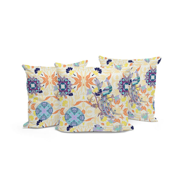 HomeRoots Set of Three 16" Orange and White Peacock Pattern Throw Pillows for Indoor & Outdoor Style 535996