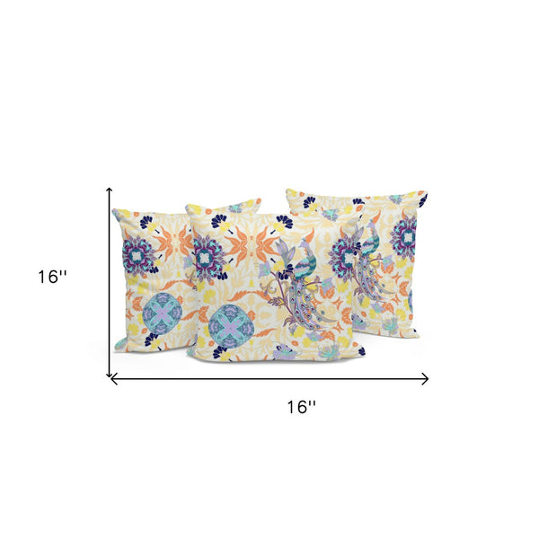 HomeRoots Set of Three 16" Orange and White Peacock Pattern Throw Pillows for Indoor & Outdoor Style 535996