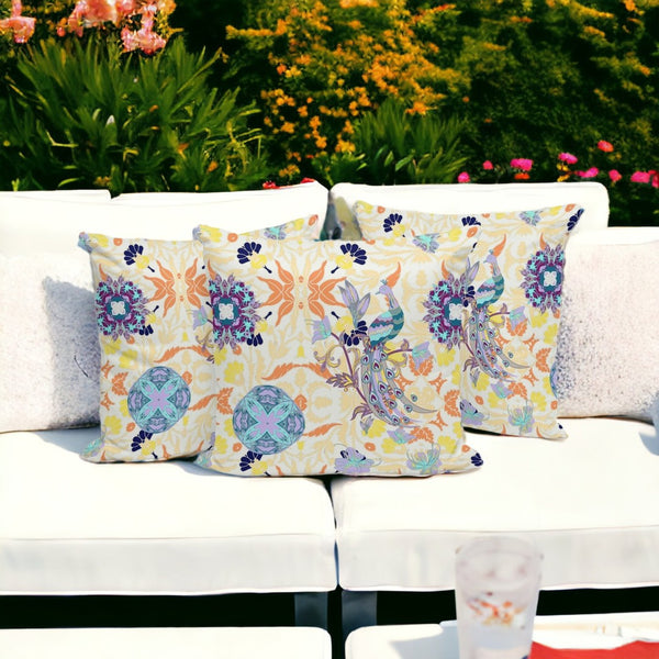 HomeRoots Set of Three 16" Orange and White Peacock Pattern Throw Pillows for Indoor & Outdoor Style 535996