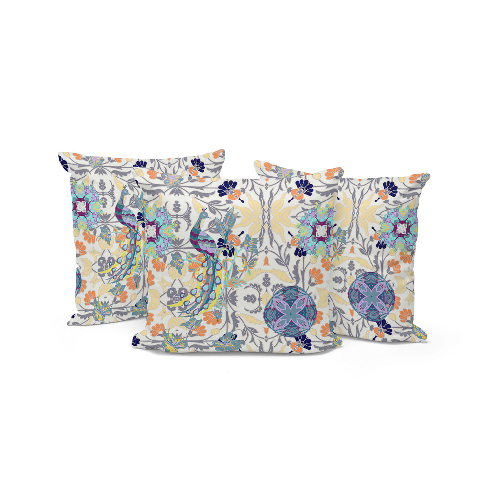 Homeroots Set Of Three 16" X 16" Yellow And White Peacock Eclectic Indoor Outdoor Throw Pillow  Polyester 535997