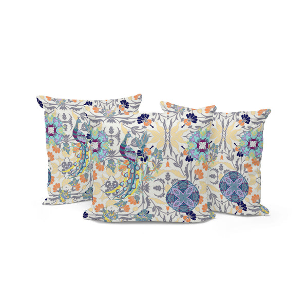 Homeroots Set Of Three 16" X 16" Yellow And White Peacock Eclectic Indoor Outdoor Throw Pillow  Polyester 535997