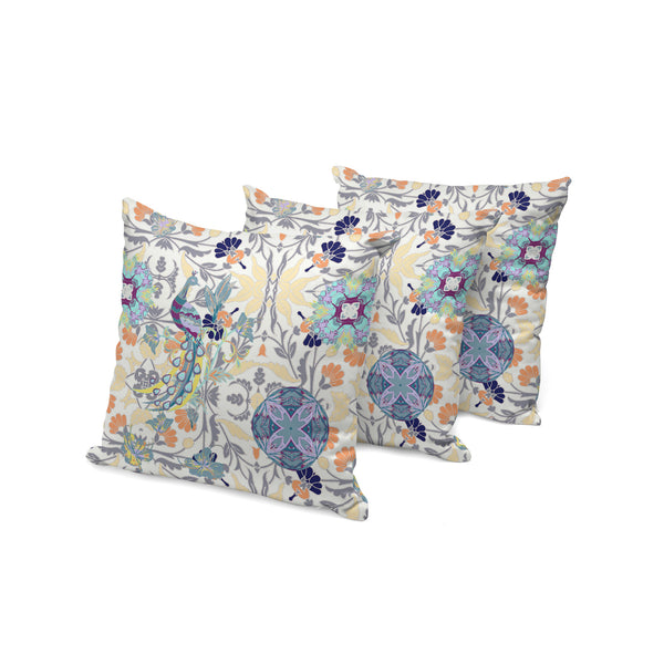 Homeroots Set Of Three 16" X 16" Yellow And White Peacock Eclectic Indoor Outdoor Throw Pillow  Polyester 535997