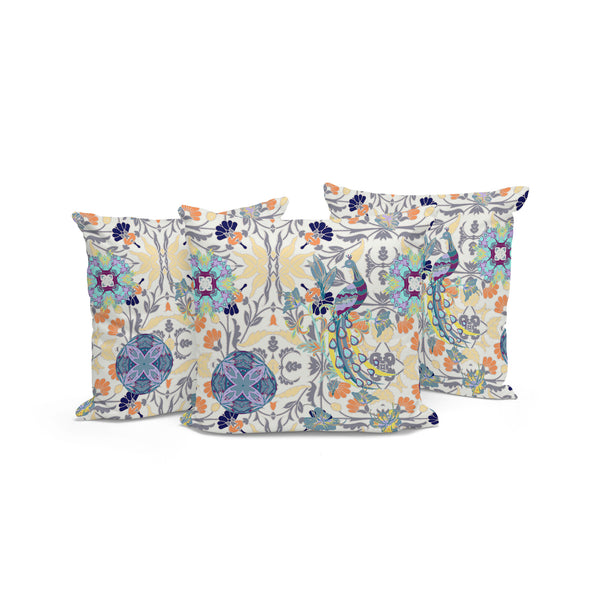 Homeroots Set Of Three 16" X 16" Yellow And White Peacock Eclectic Indoor Outdoor Throw Pillow  Polyester 535997