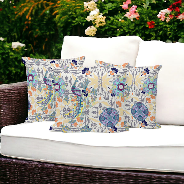 Homeroots Set Of Three 16" X 16" Yellow And White Peacock Eclectic Indoor Outdoor Throw Pillow  Polyester 535997