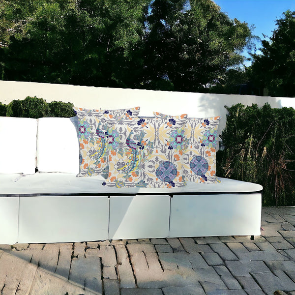 Homeroots Set Of Three 16" X 16" Yellow And White Peacock Eclectic Indoor Outdoor Throw Pillow  Polyester 535997