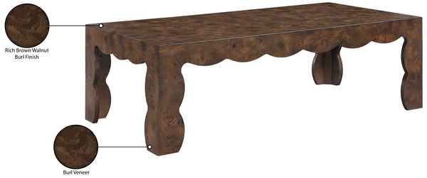 Meridian Furniture Vassa Burl Veneer Coffee Table Art Deco Sculptural Low Profile for Modern Living Room Brown 535Brown-CT
