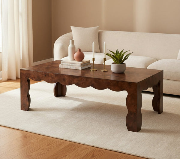 Meridian Furniture Vassa Burl Veneer Coffee Table Art Deco Sculptural Low Profile for Modern Living Room Brown 535Brown-CT