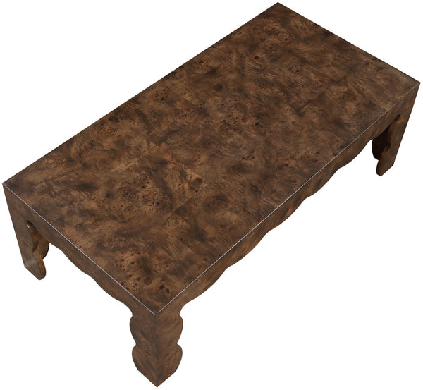 Meridian Furniture Vassa Burl Veneer Coffee Table Art Deco Sculptural Low Profile for Modern Living Room Brown 535Brown-CT