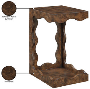 Meridian Furniture Vassa Art Deco Burl Veneer End Table with Sculptural Swirl Grain for Elegant Living Rooms Brown 535Brown-ET