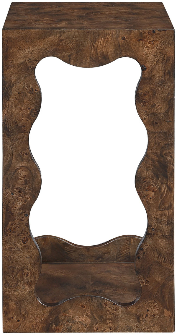 Meridian Furniture Vassa Art Deco Burl Veneer End Table with Sculptural Swirl Grain for Elegant Living Rooms Brown 535Brown-ET