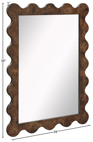Meridian Furniture Vassa Burl Veneer Wall Mirror Art Deco Sculptural Frame Wood Grain Living Room Decor Brown 535Brown-M