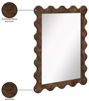 Meridian Furniture Vassa Burl Veneer Wall Mirror Art Deco Sculptural Frame Wood Grain Living Room Decor Brown 535Brown-M