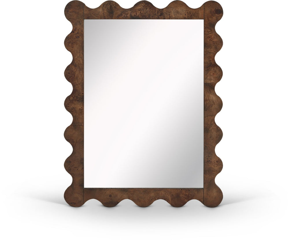 Meridian Furniture Vassa Burl Veneer Wall Mirror Art Deco Sculptural Frame Wood Grain Living Room Decor Brown 535Brown-M