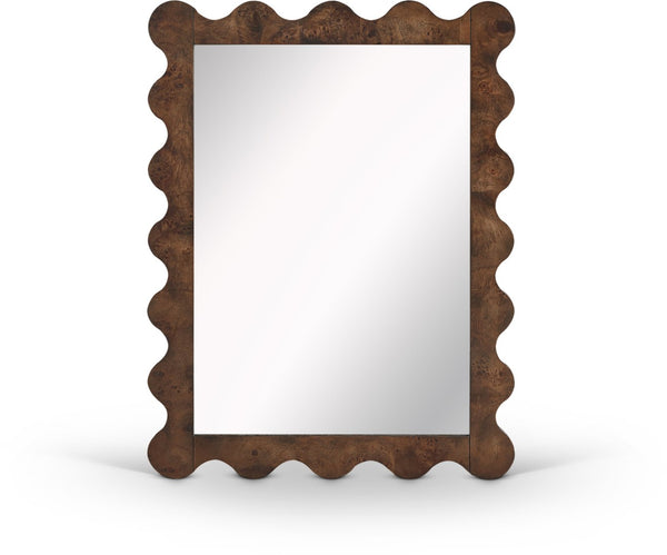 Meridian Furniture Vassa Burl Veneer Wall Mirror Art Deco Sculptural Frame Wood Grain Living Room Decor Brown 535Brown-M