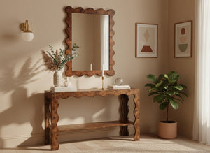 Meridian Furniture Vassa Burl Veneer Wall Mirror Art Deco Sculptural Frame Wood Grain Living Room Decor Brown 535Brown-M