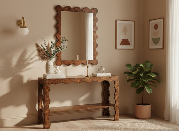Meridian Furniture Vassa Burl Veneer Wall Mirror Art Deco Sculptural Frame Wood Grain Living Room Decor Brown 535Brown-M