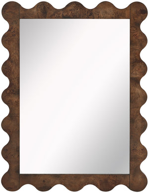 Meridian Furniture Vassa Burl Veneer Wall Mirror Art Deco Sculptural Frame Wood Grain Living Room Decor Brown 535Brown-M