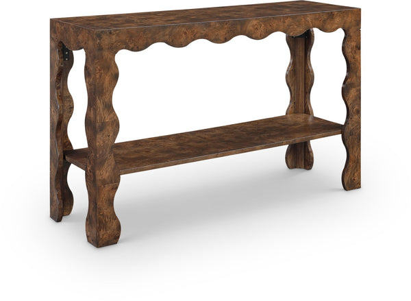 Meridian Furniture Vassa Art Deco Burl Veneer Console Table with Sculptural Wood Grain for Entryway or Living Room Brown 535Brown-ST