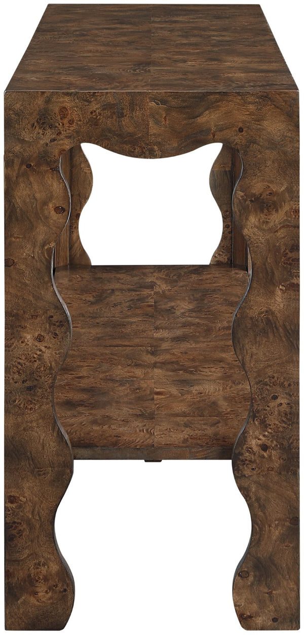 Meridian Furniture Vassa Art Deco Burl Veneer Console Table with Sculptural Wood Grain for Entryway or Living Room Brown 535Brown-ST