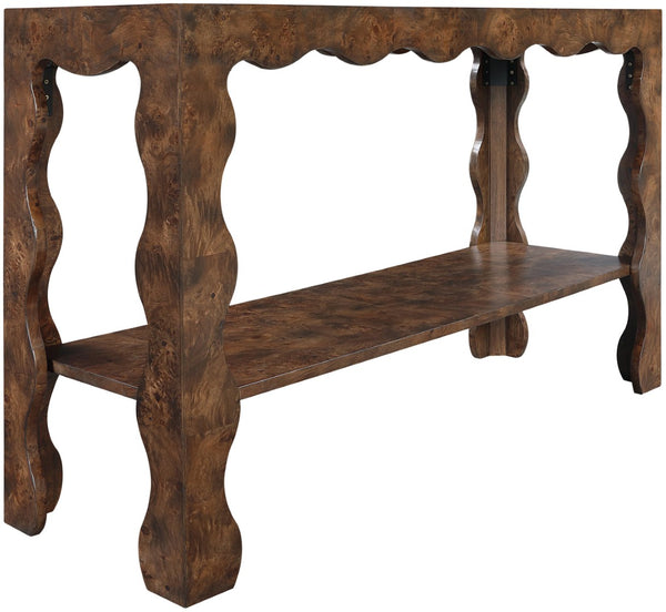 Meridian Furniture Vassa Art Deco Burl Veneer Console Table with Sculptural Wood Grain for Entryway or Living Room Brown 535Brown-ST