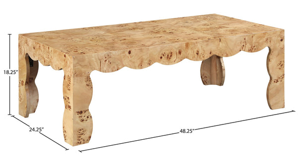 Meridian Furniture Vassa Burl Veneer Coffee Table Art Deco Sculptural Low Profile for Modern Living Room Natural 535Natural-CT
