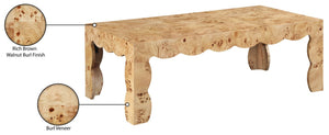Meridian Furniture Vassa Burl Veneer Coffee Table Art Deco Sculptural Low Profile for Modern Living Room Natural 535Natural-CT