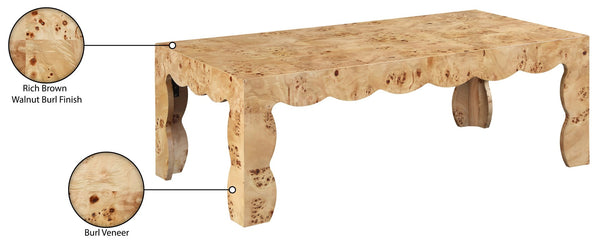 Meridian Furniture Vassa Burl Veneer Coffee Table Art Deco Sculptural Low Profile for Modern Living Room Natural 535Natural-CT