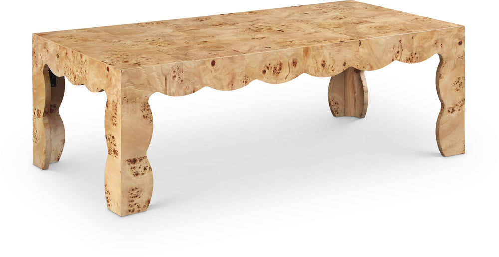 Meridian Furniture Vassa Burl Veneer Coffee Table Art Deco Sculptural Low Profile for Modern Living Room Natural 535Natural-CT