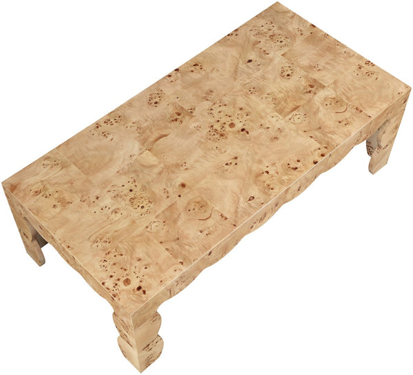 Meridian Furniture Vassa Burl Veneer Coffee Table Art Deco Sculptural Low Profile for Modern Living Room Natural 535Natural-CT