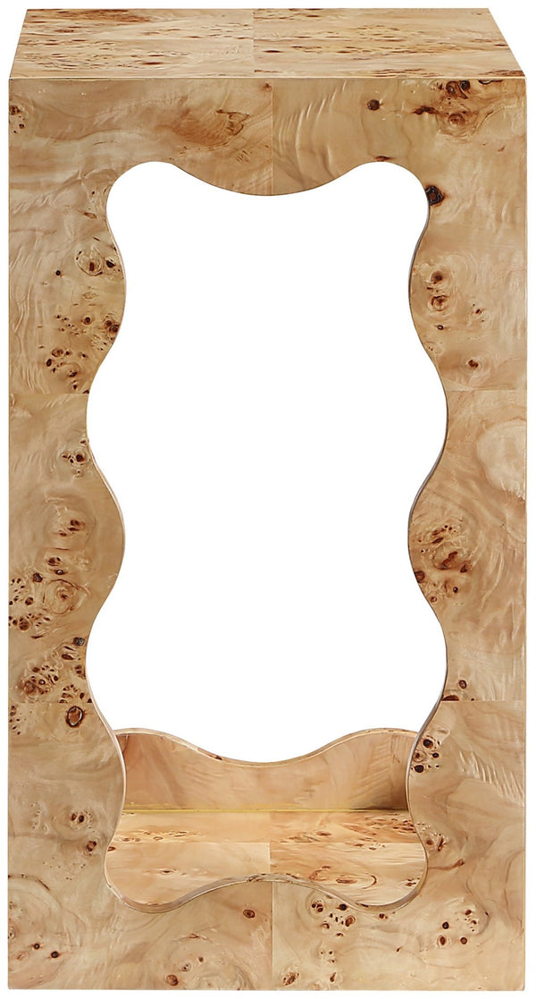 Meridian Furniture Vassa Art Deco Burl Veneer End Table with Sculptural Swirl Grain for Elegant Living Rooms Natural 535Natural-ET