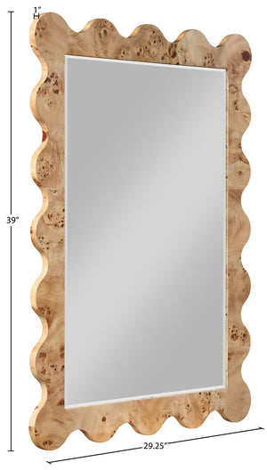 Meridian Furniture Vassa Burl Veneer Wall Mirror Art Deco Sculptural Frame Wood Grain Living Room Decor Natural 535Natural-M