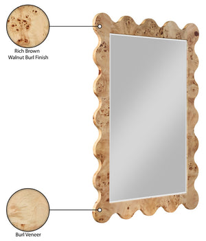 Meridian Furniture Vassa Burl Veneer Wall Mirror Art Deco Sculptural Frame Wood Grain Living Room Decor Natural 535Natural-M