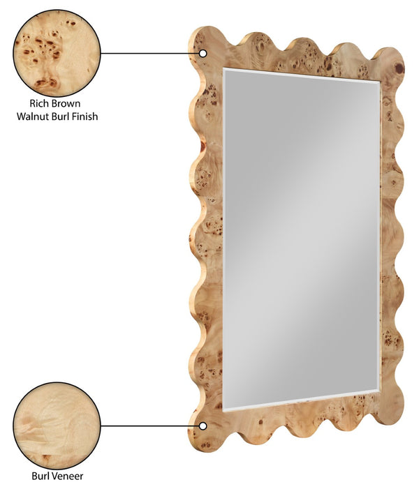 Meridian Furniture Vassa Burl Veneer Wall Mirror Art Deco Sculptural Frame Wood Grain Living Room Decor Natural 535Natural-M