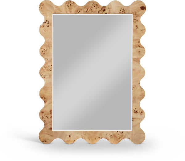 Meridian Furniture Vassa Burl Veneer Wall Mirror Art Deco Sculptural Frame Wood Grain Living Room Decor Natural 535Natural-M