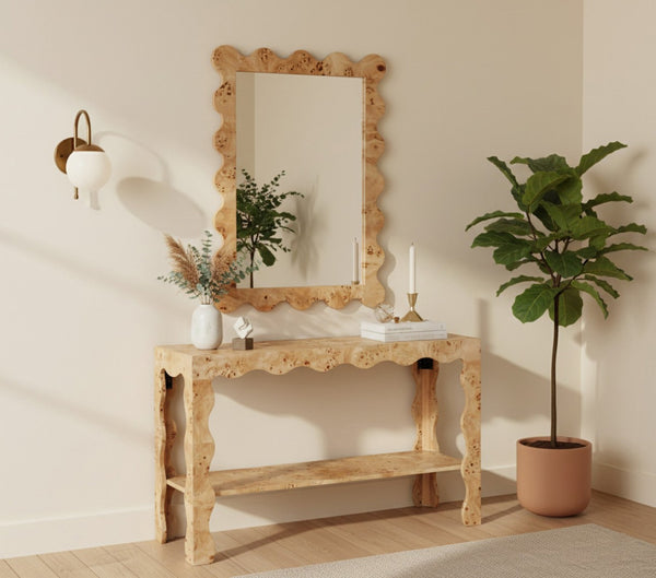 Meridian Furniture Vassa Burl Veneer Wall Mirror Art Deco Sculptural Frame Wood Grain Living Room Decor Natural 535Natural-M