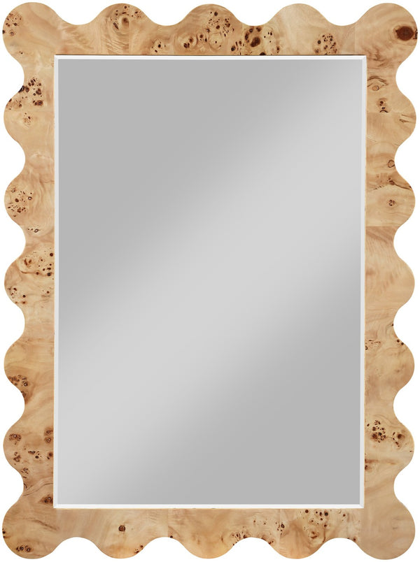 Meridian Furniture Vassa Burl Veneer Wall Mirror Art Deco Sculptural Frame Wood Grain Living Room Decor Natural 535Natural-M