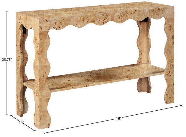 Meridian Furniture Vassa Art Deco Burl Veneer Console Table with Sculptural Wood Grain for Entryway or Living Room Natural 535Natural-ST