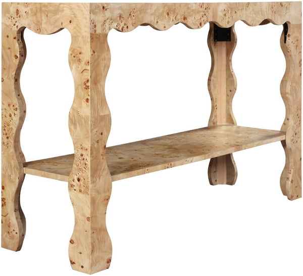 Meridian Furniture Vassa Art Deco Burl Veneer Console Table with Sculptural Wood Grain for Entryway or Living Room Natural 535Natural-ST