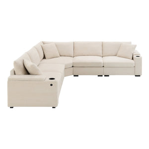 English Elm 104" Corduroy L-shaped Sectional with Usb Charging Armrest Storage and Cup Holders Beige N723S1187A