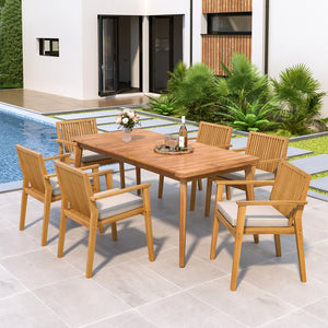 English Elm Christopher Knight Home® - 7-Piece Acacia Wood Outdoor Dining Set with 72" Slatted Table & 6 Cushioned Chairs, Durable Patio Entertaining Ready Natural,Teak N779P266069N_N779P234497N-3
