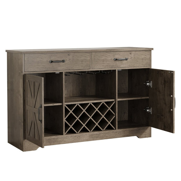English Elm Coffee Bar Buffet Sideboard with Wine Rack Stemware Holder and Drawers in Oak Gray T3773P417369