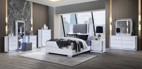 English Elm MOON Smooth White Queen Bed with LED Accent Lighting, Solid Wood & MDF Frame, Modern Marble Design B201S00310