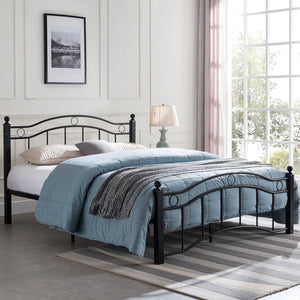 English Elm Queen Iron Platform Bed Camelback Headboard Geometric Finial Posts Victorian Loft Style Black 63298.00FBLK-Q