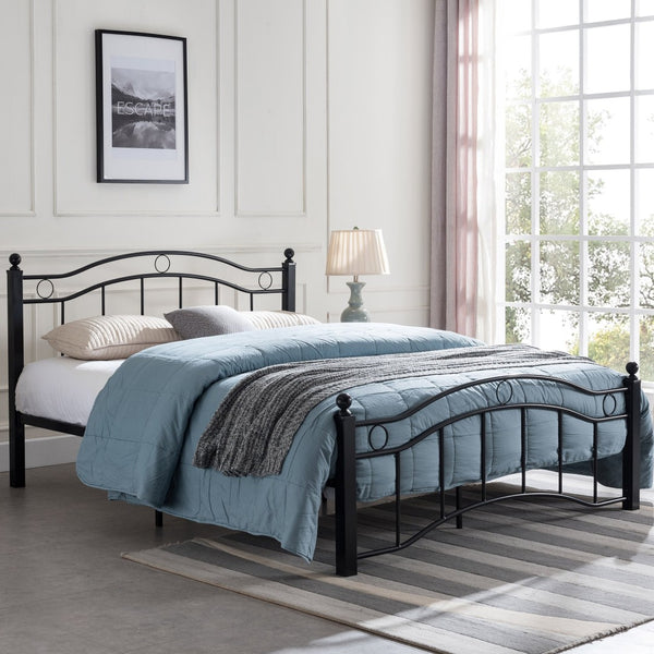 English Elm Queen Iron Platform Bed Camelback Headboard Geometric Finial Posts Victorian Loft Style Black 63298.00FBLK-Q