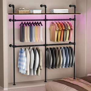 English Elm Industrial Pipe Clothing Rack With Led Lights - Heavy Duty Wall-Mounted Garment Storage Solution T3210P392613